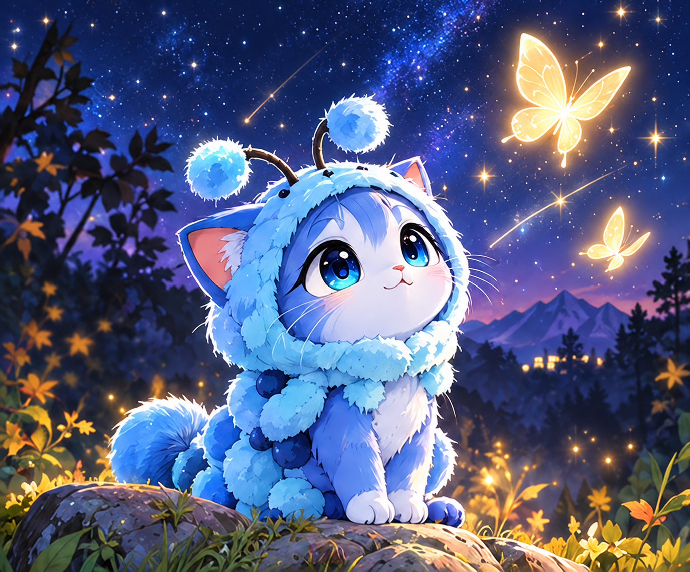 Morph Cat, a little blue cat in a fuzzy caterpillar costume with antennae, watches glowing butterflies beneath the stars.