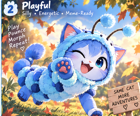 Morph Cat continuing his journey in his fluffy blue caterpillar costume